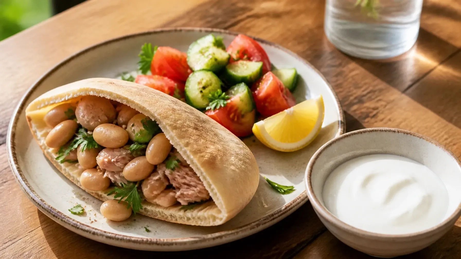 Mediterranean tuna and white bean pita pocket served with cucumber tomato salad and yogurt