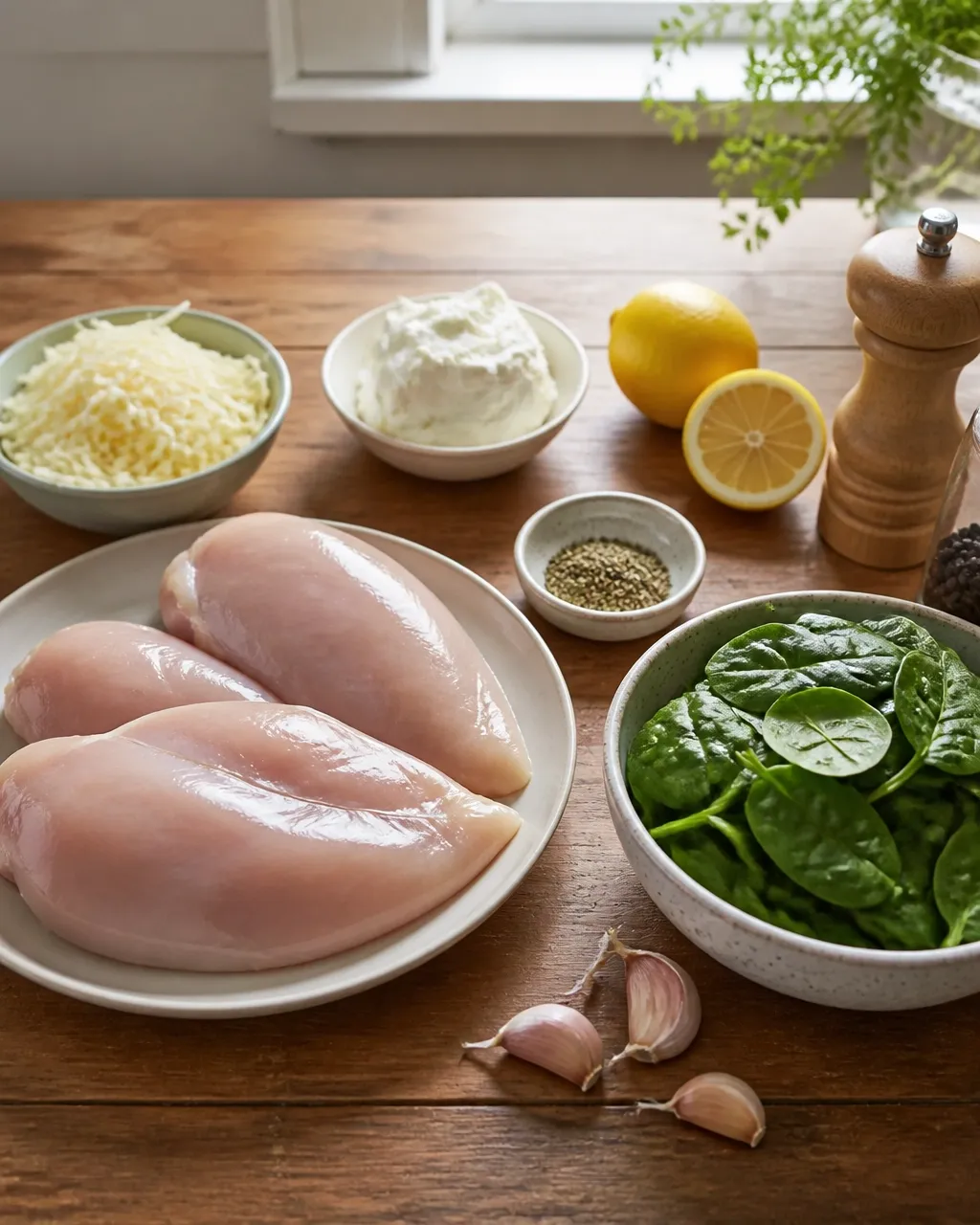 Fresh spinach, chicken breasts, cream cheese, mozzarella, garlic, and lemon arranged on a home kitchen counter