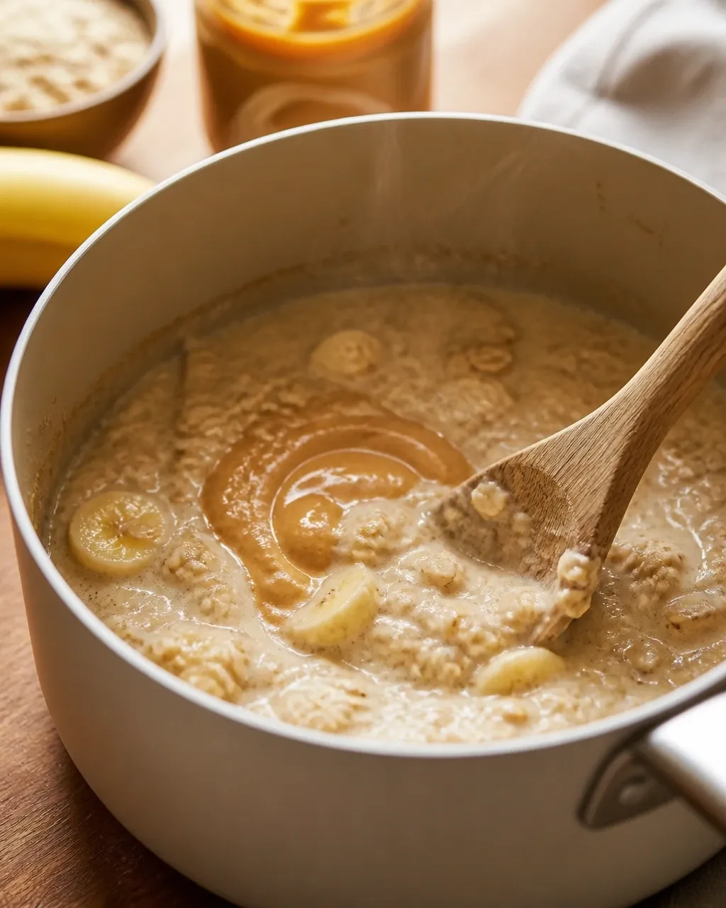 Saucepan of thick banana peanut butter oatmeal being gently stirred, showing oat texture and melting peanut butter swirls