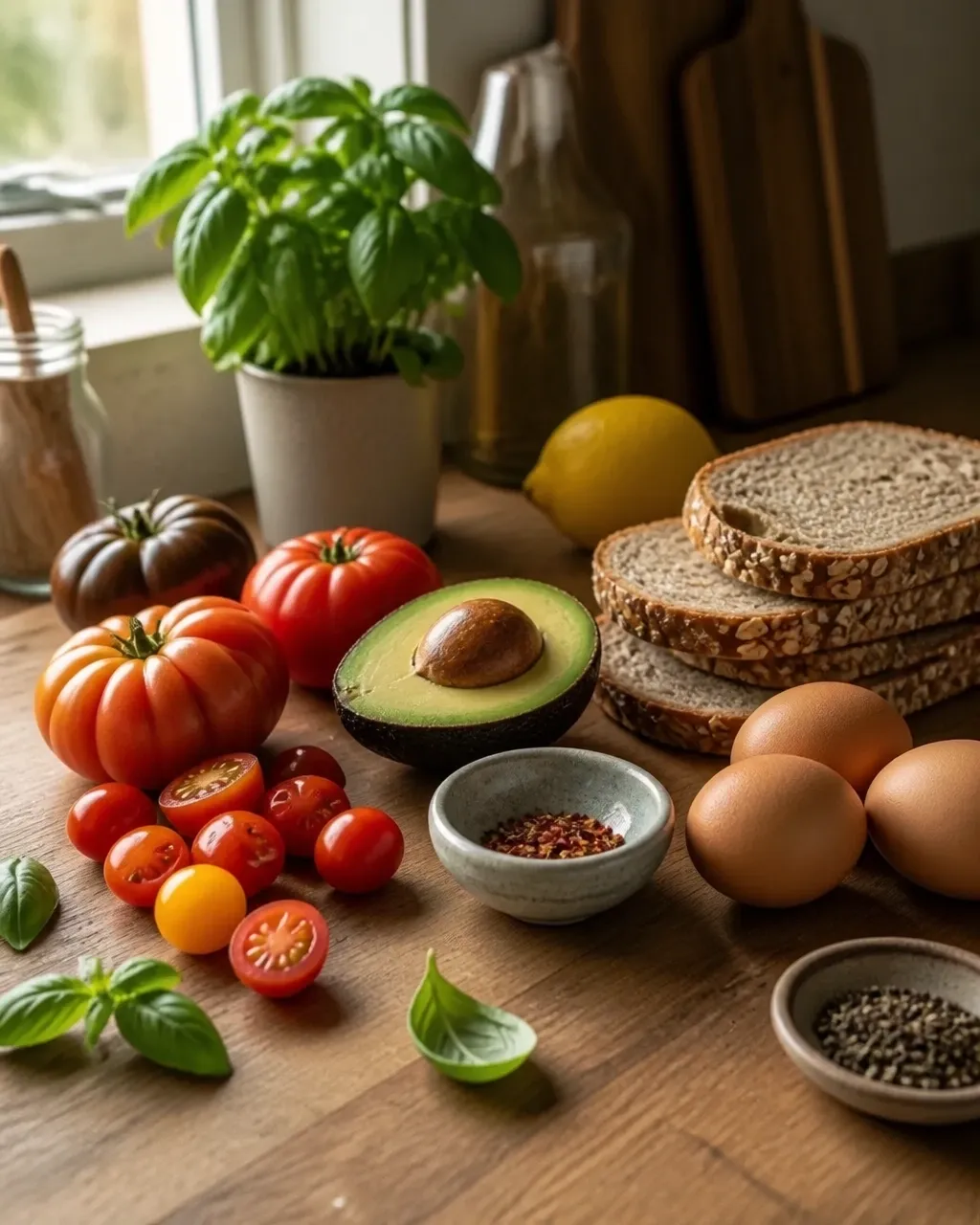 Fresh tomatoes, avocado, eggs, seeded bread, lemon, and herbs arranged in a naturally lit home kitchen
