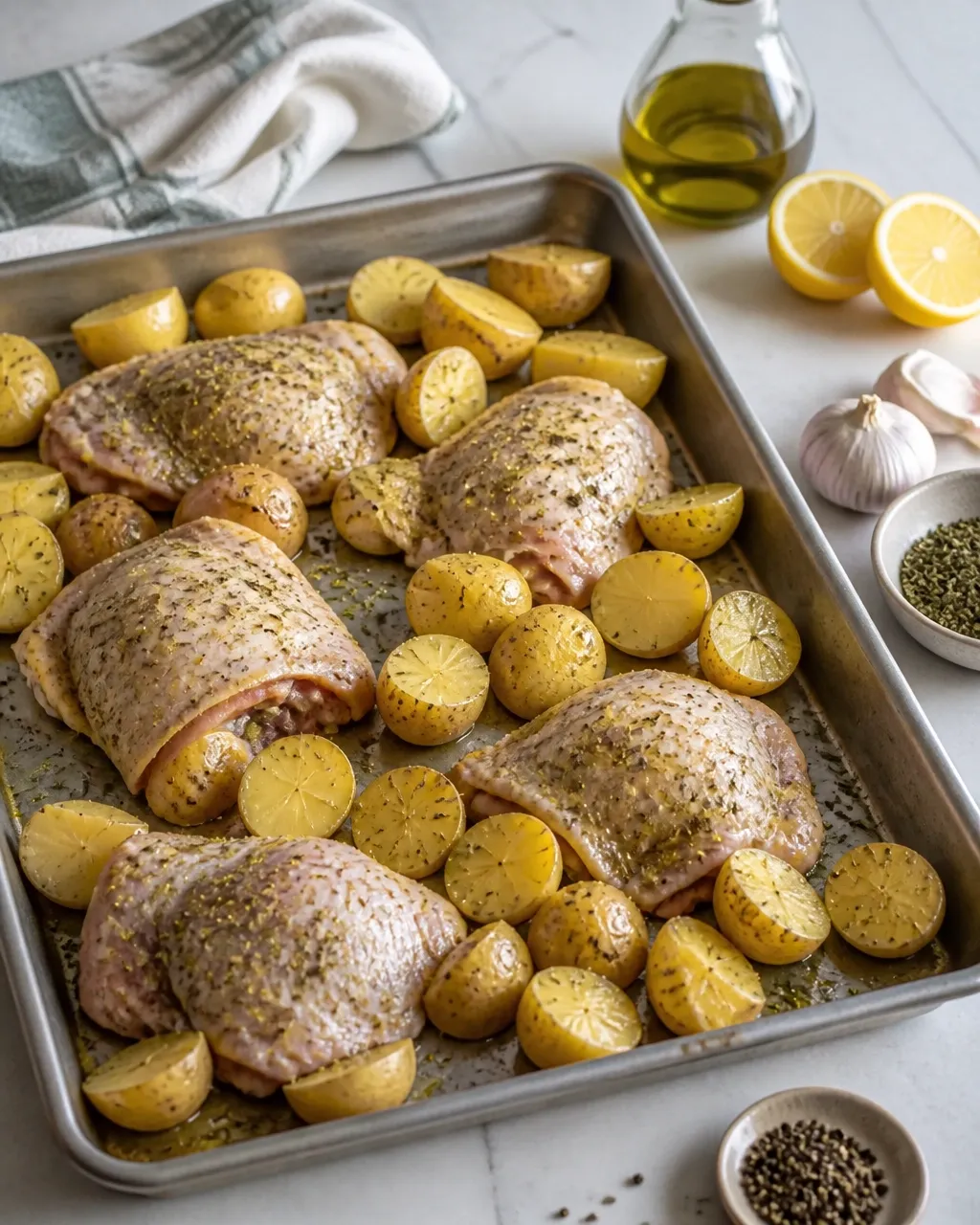Raw chicken thighs and baby potatoes arranged on a sheet pan with lemon, garlic, herbs, and seasoning