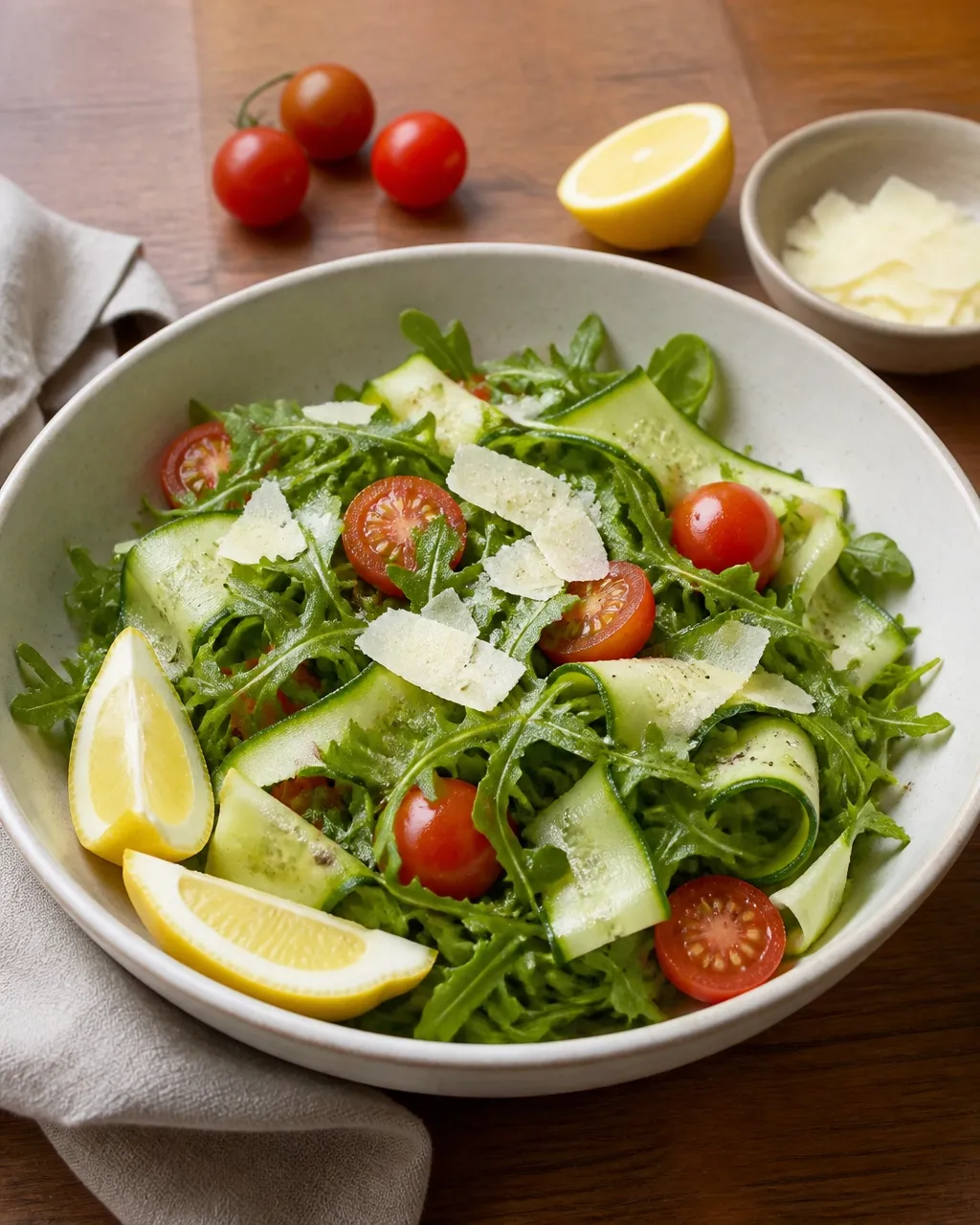 Arugula salad with cucumber ribbons, tomatoes, parmesan, and lemon