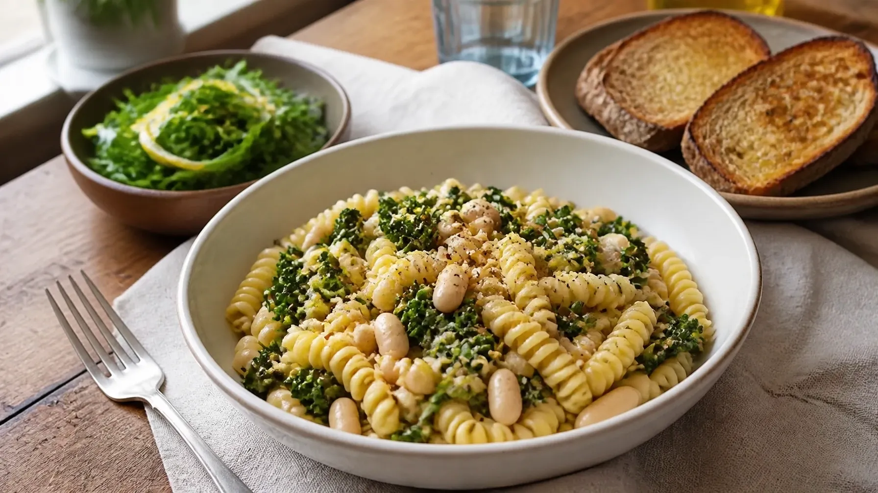 Tuscan white bean and kale pasta served with a crisp arugula-lemon salad and toasted whole-grain bread