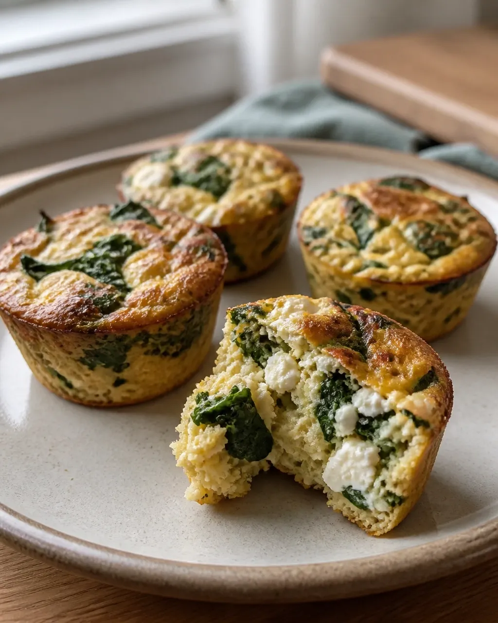 Close-up of a spinach and feta crustless quiche muffin broken open to reveal a tender set custard center