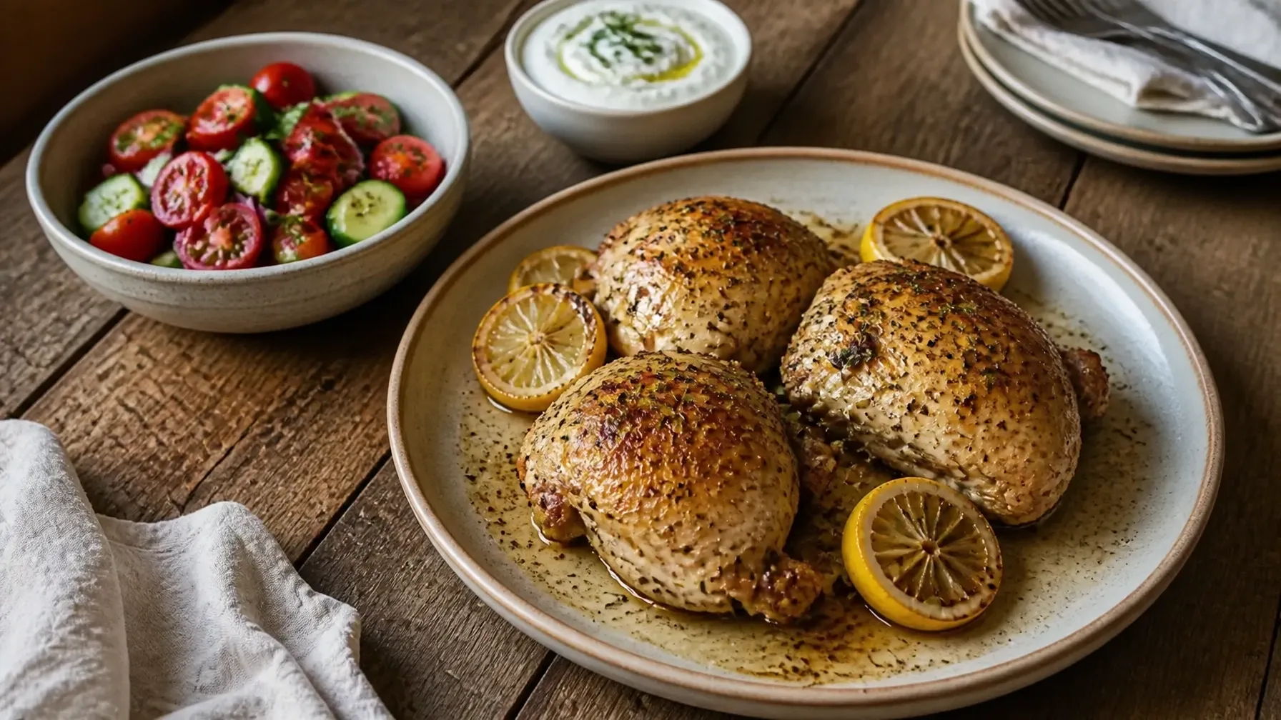 Mediterranean-style chicken thighs with cucumber-tomato salad and herbed yogurt