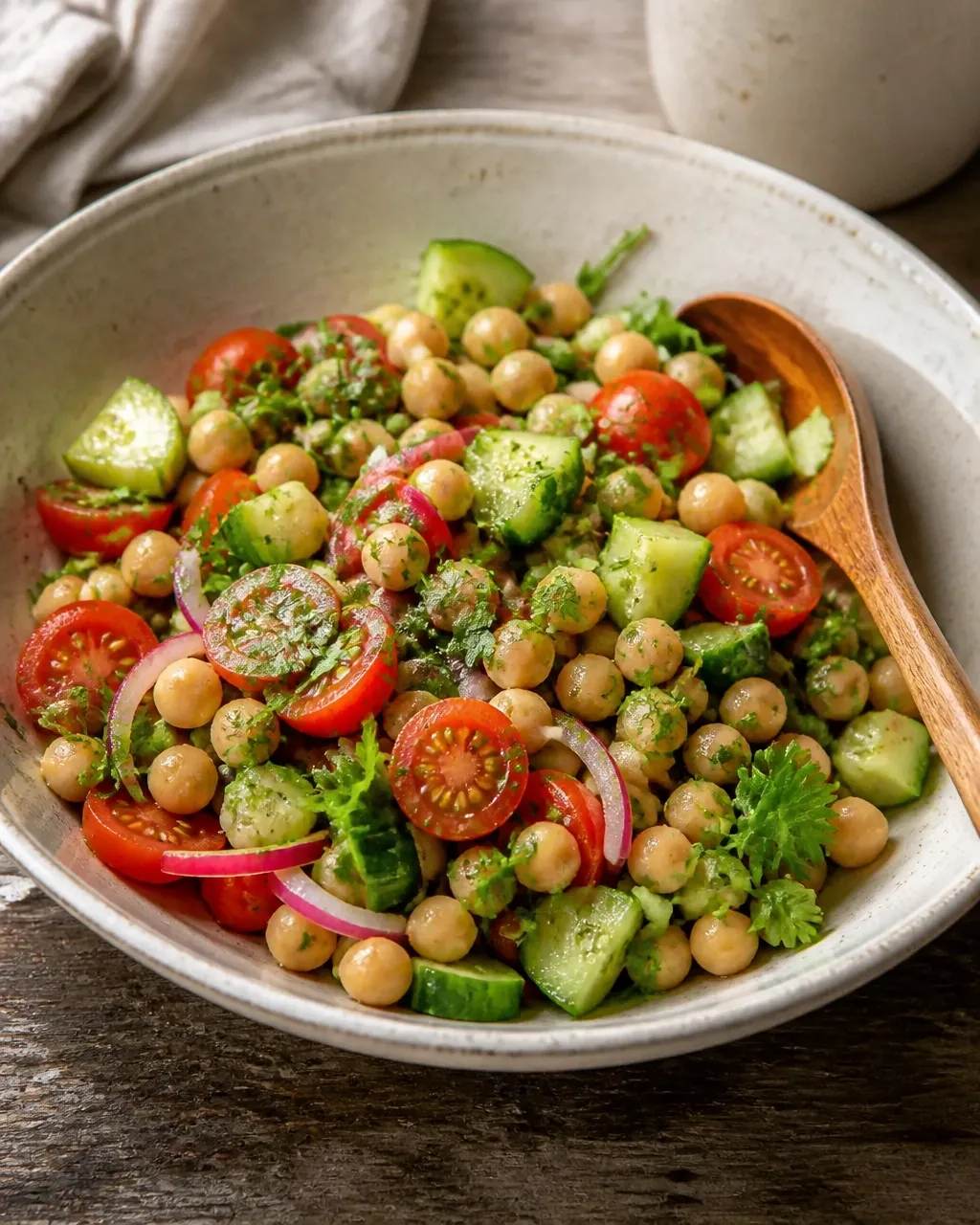 Close-up of Mediterranean chickpea and cucumber salad being tossed in a bowl