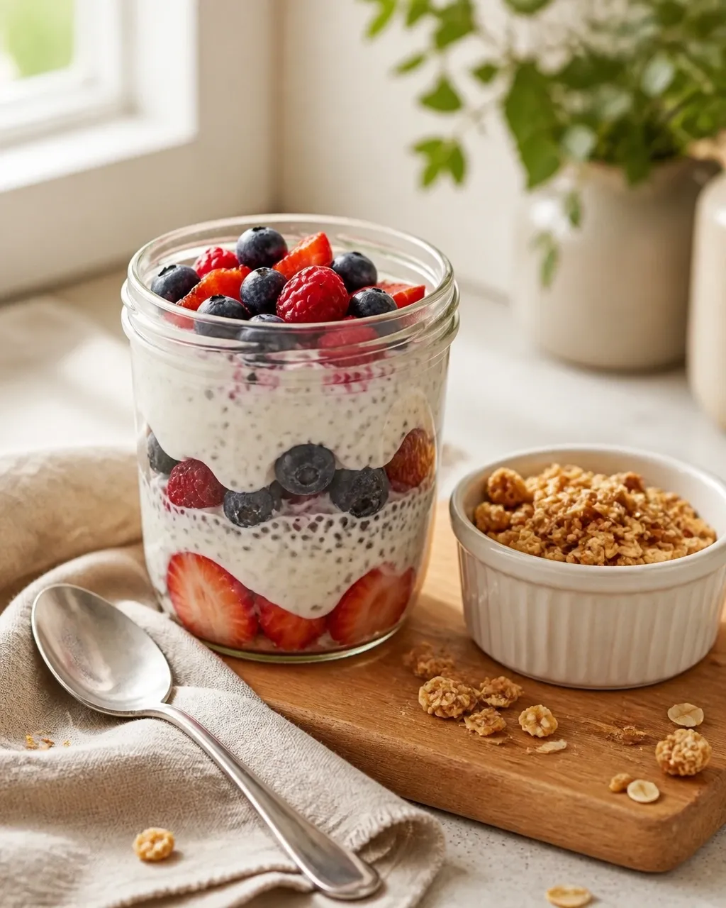 Make-ahead berry and chia Greek yogurt parfait in a glass jar with granola served separately