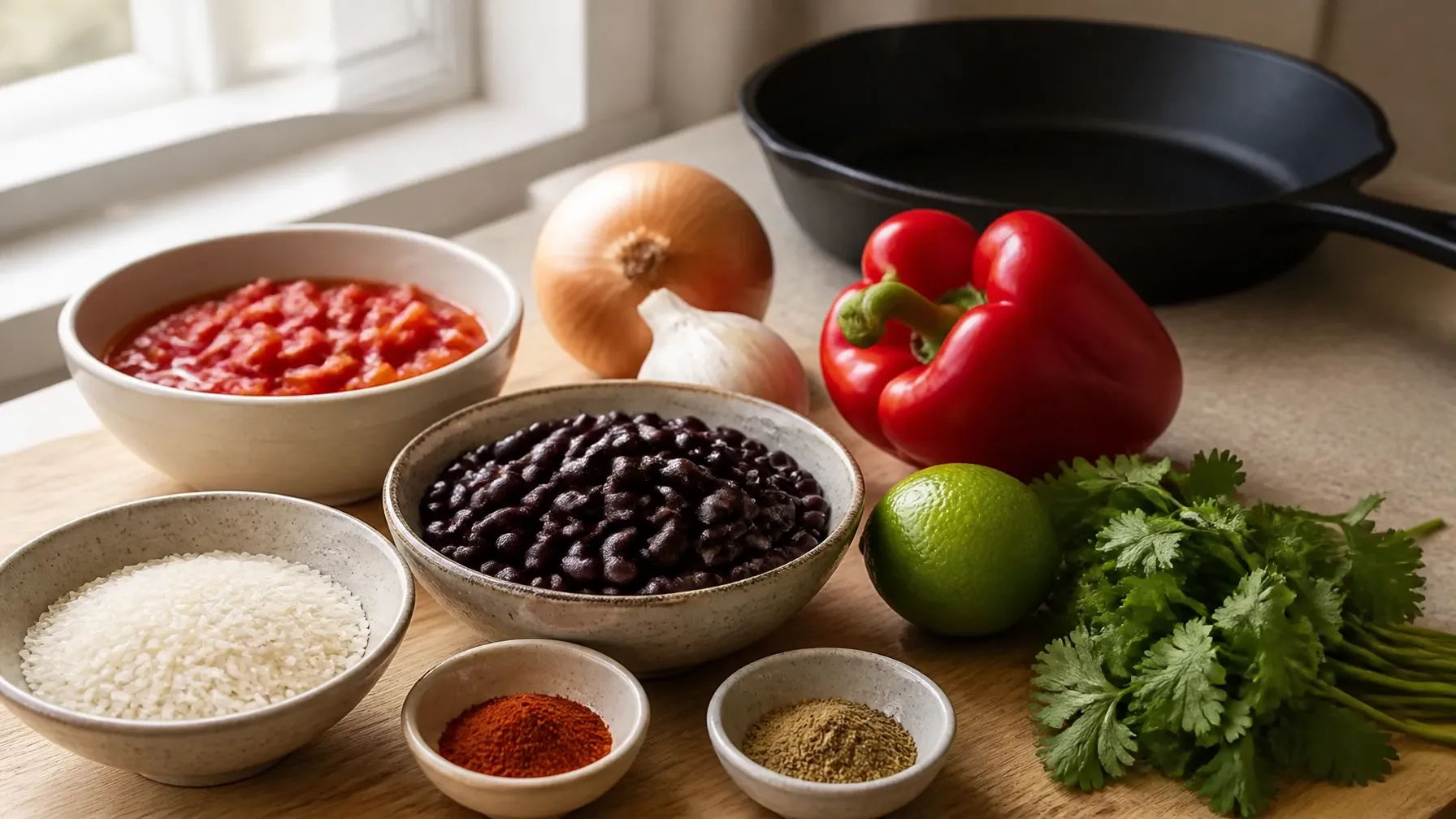 Budget-friendly ingredients for a smoky bean and rice skillet arranged on a home kitchen counter