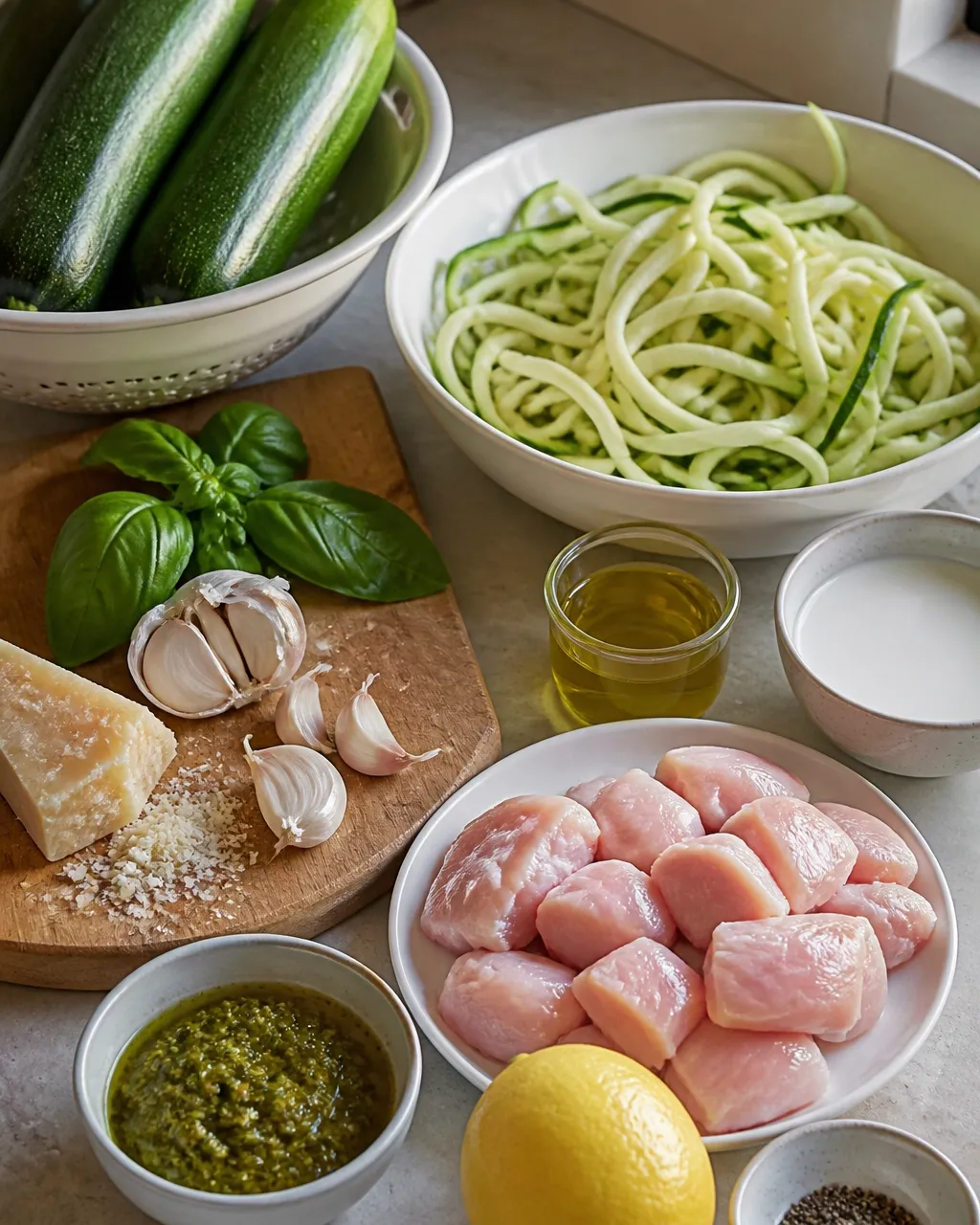 Raw zucchini, spiralized noodles, chicken, pesto, basil, and parmesan arranged on a kitchen counter