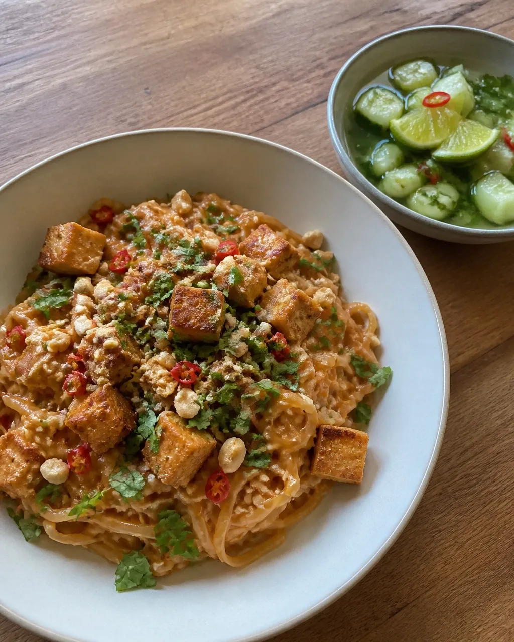 Peanut coconut tofu noodles served with a fresh cucumber and lime salad, herbs, peanuts, and chili