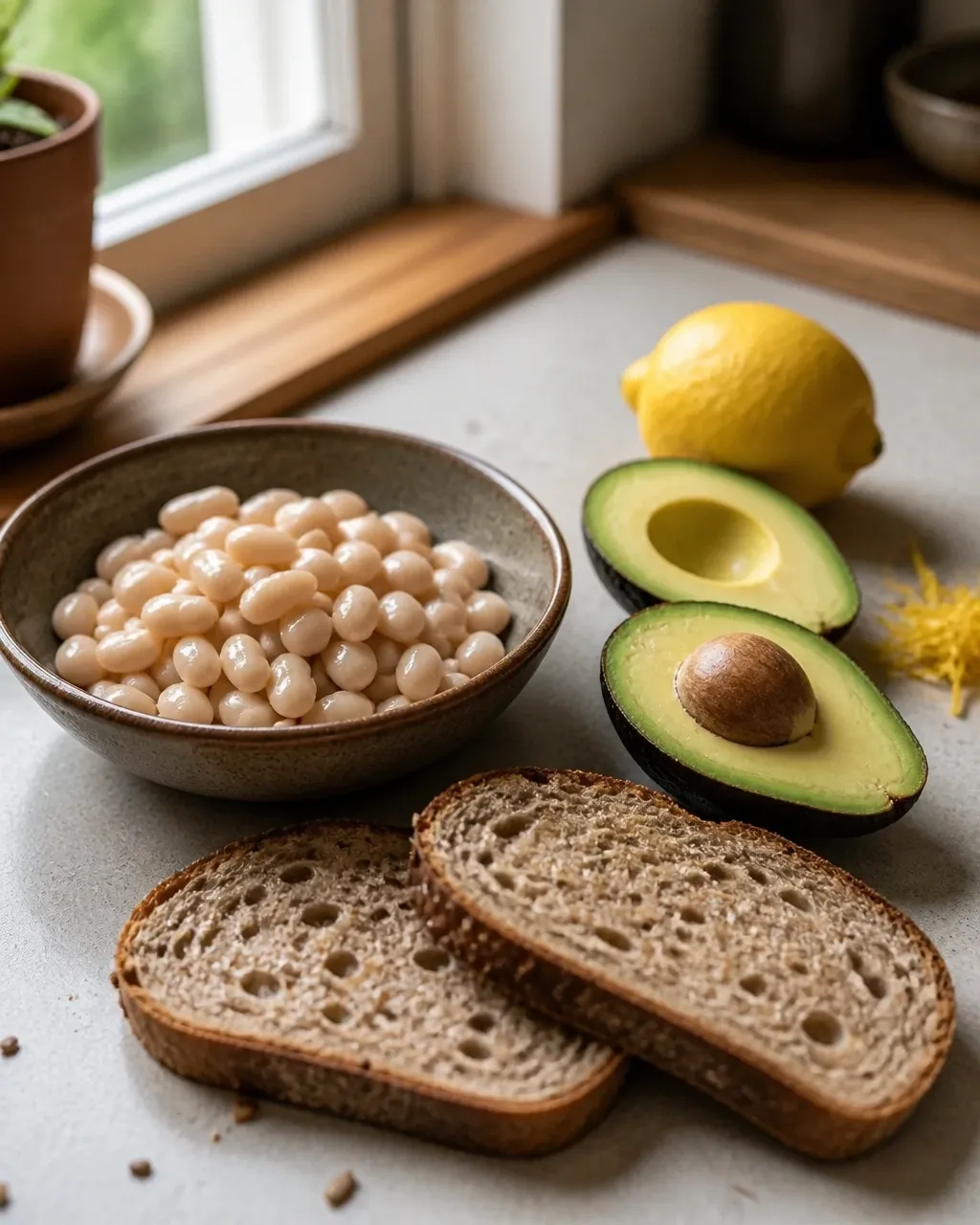 Fresh cannellini beans, avocado, lemon, and whole-grain bread ready for a quick meal