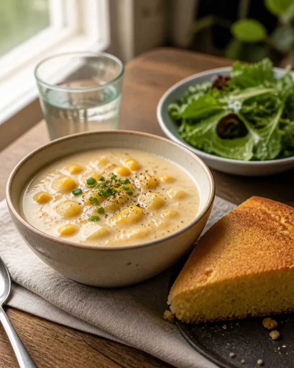 Creamy corn and potato chowder served with golden skillet cornbread and a crisp green salad