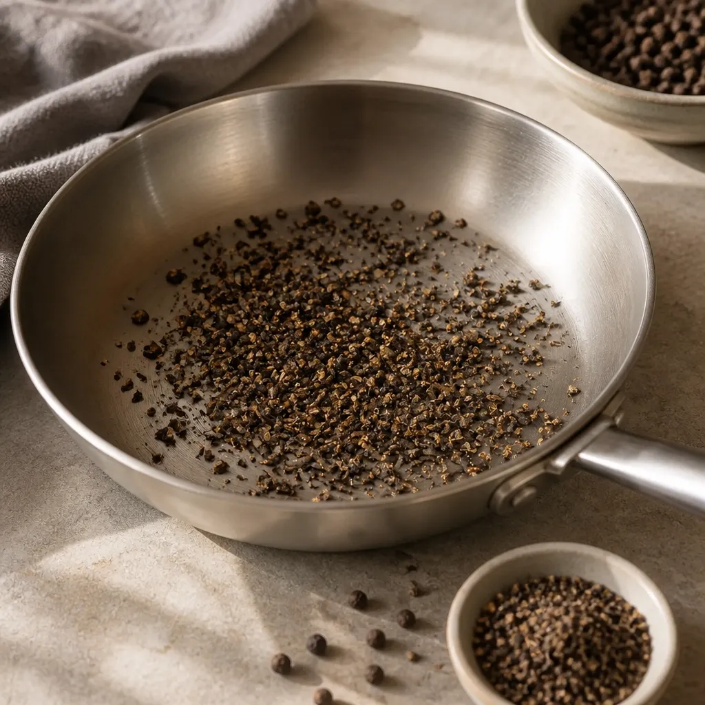 Freshly cracked black peppercorns being gently toasted in a skillet