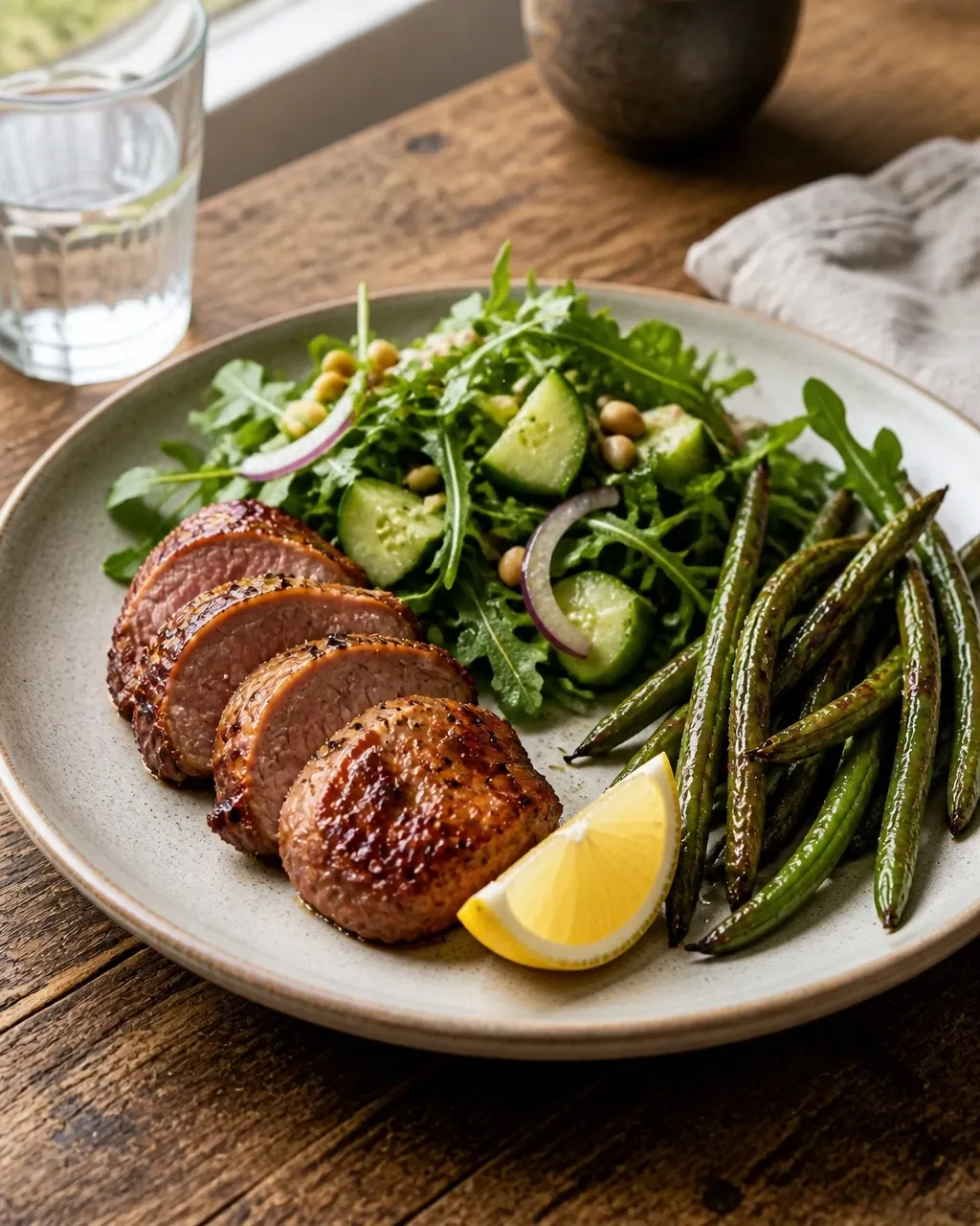 Smoky honey glazed pork tenderloin served with arugula salad, green beans, and lemon