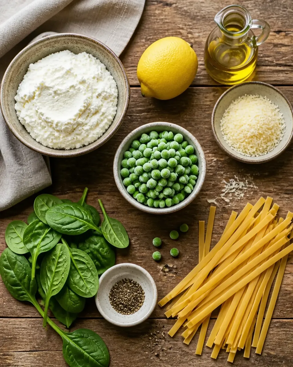 Ricotta, lemon, peas, spinach, pasta, and Parmesan arranged on a home kitchen table