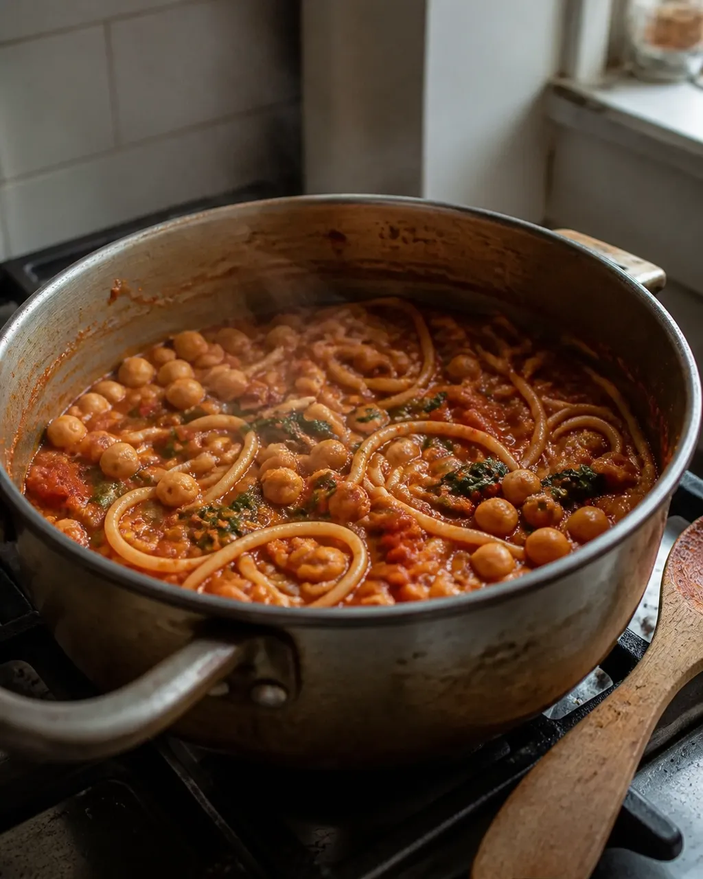One-pot tomato and chickpea pasta simmering in a pot with natural steam and a wooden spoon