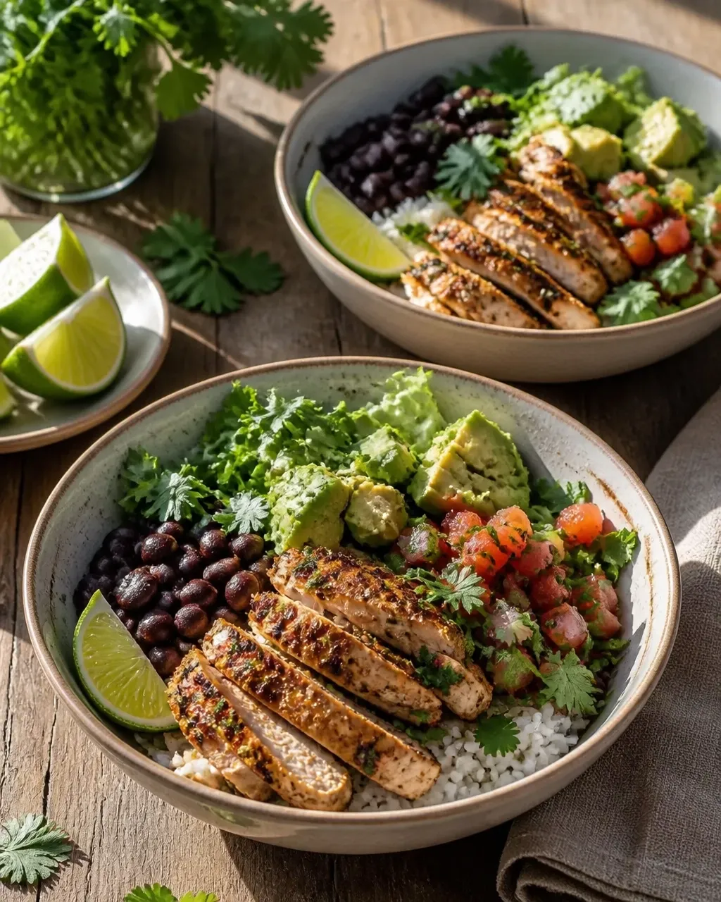 Two chili lime chicken and avocado bowls served casually on a kitchen table for an easy family dinner
