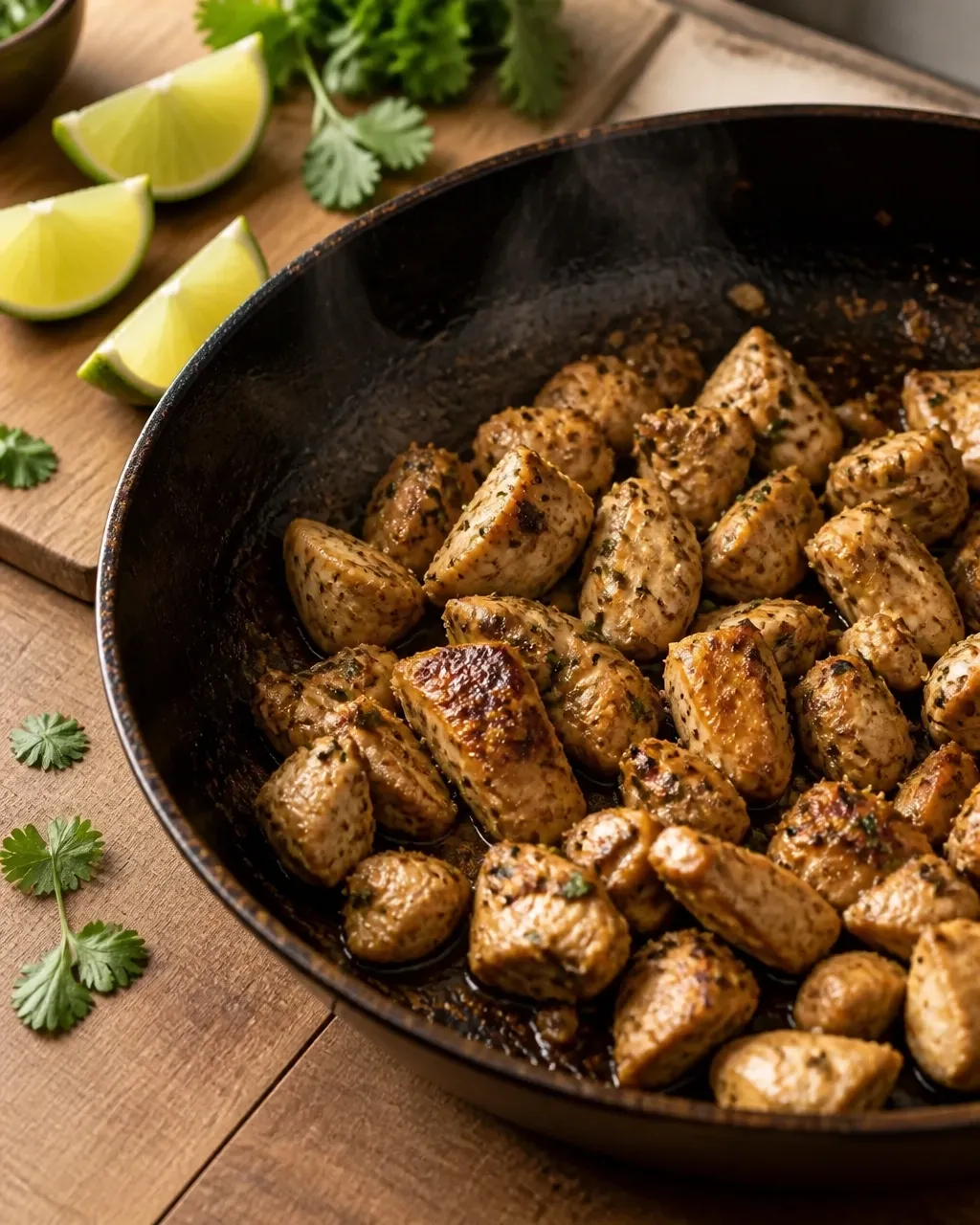 Bite-size chili lime chicken searing in a dark skillet with browned edges and gentle steam in natural daylight