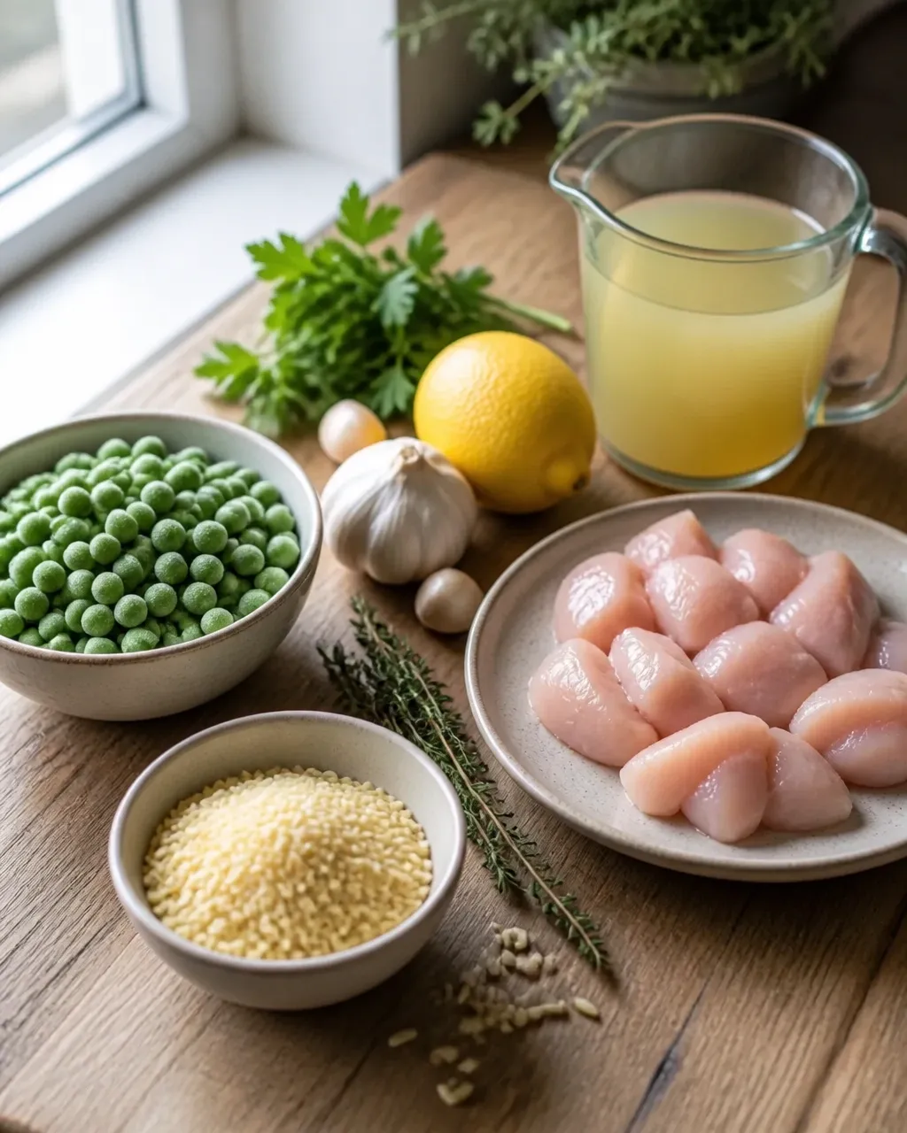 Raw ingredients for lemon herb orzo with chicken and peas on a home kitchen worktop