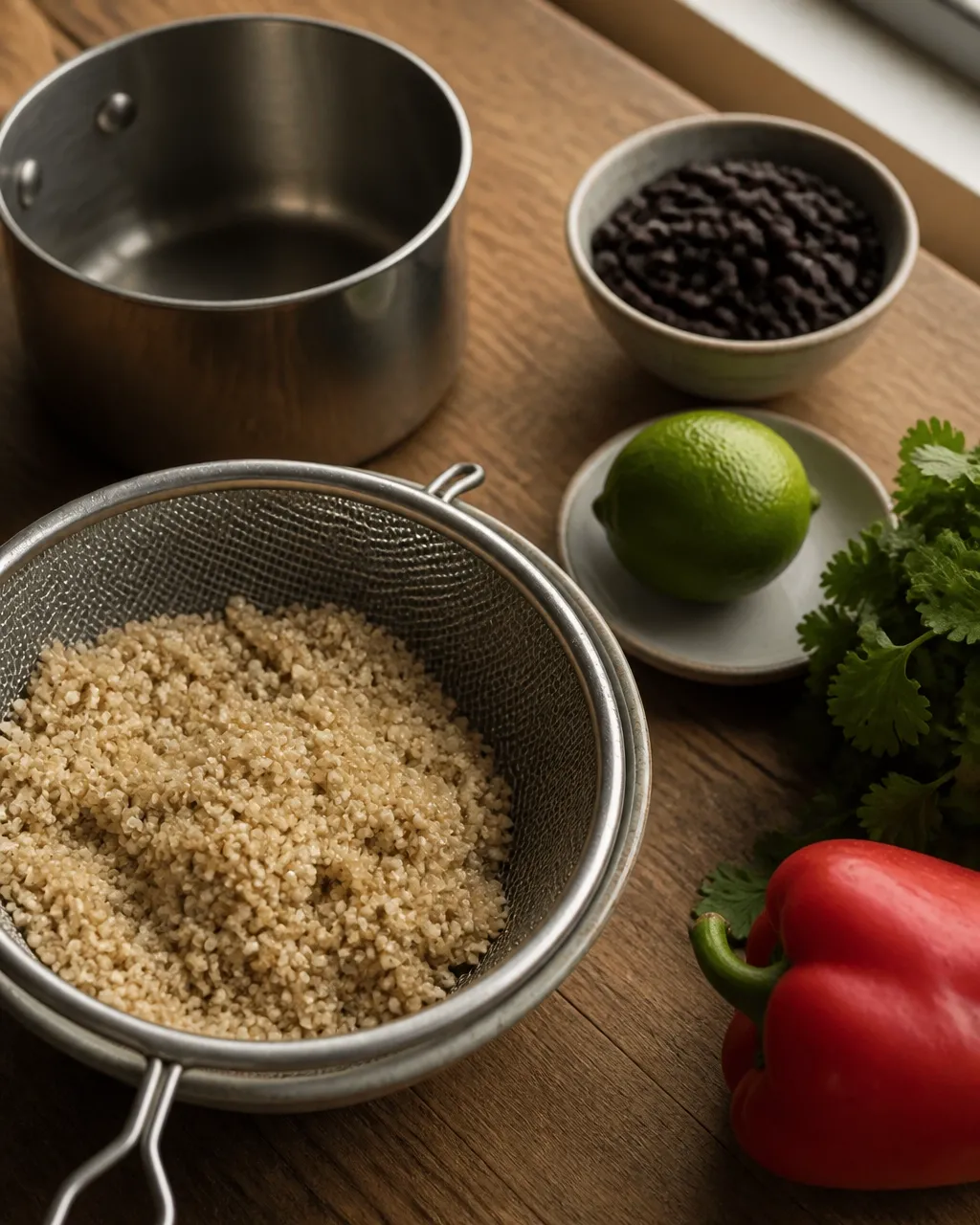 Rinsed quinoa in a fine-mesh sieve beside black beans, lime, cilantro, and colorful vegetables in a home kitchen